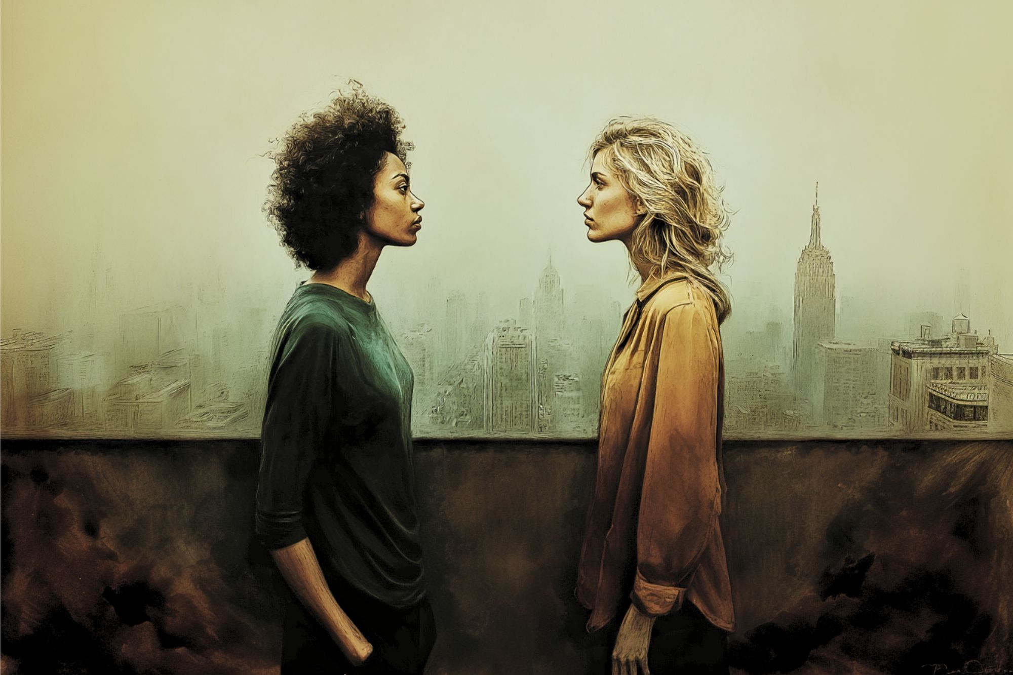 Two women stand face-to-face on a rooftop with a hazy city skyline in the background. One has curly dark hair and a green shirt; the other has wavy blonde hair and a tan shirt. The scene appears tense or serious.
