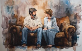 A man and woman sit closely on a brown sofa, facing each other and sharing a serious conversation. The background is a soft, abstract blend of colors, giving the scene an intimate and emotional atmosphere.