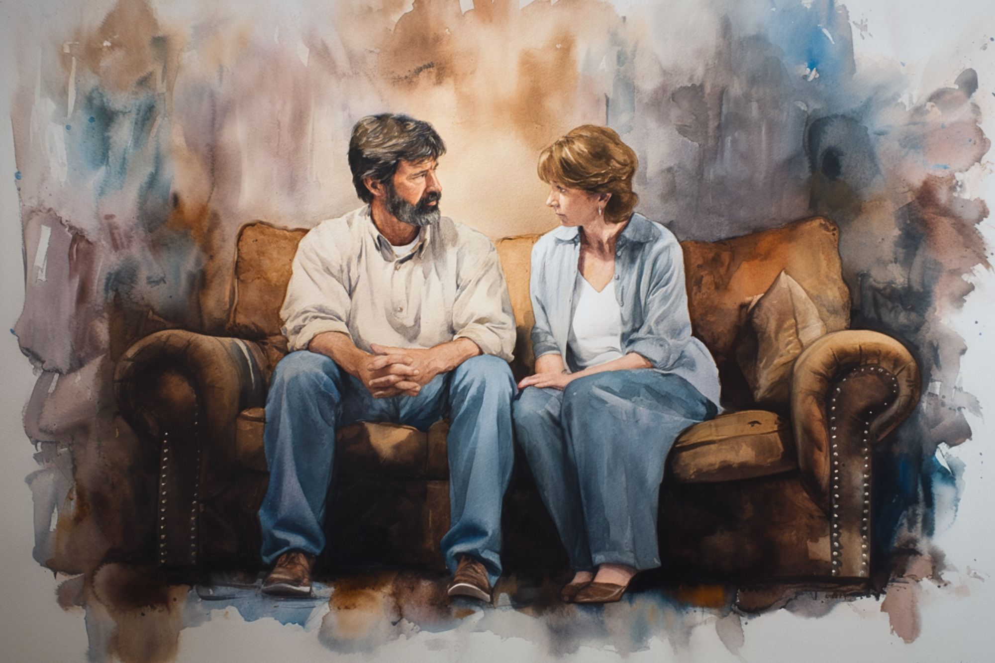 A man and woman sit closely on a brown sofa, facing each other and sharing a serious conversation. The background is a soft, abstract blend of colors, giving the scene an intimate and emotional atmosphere.