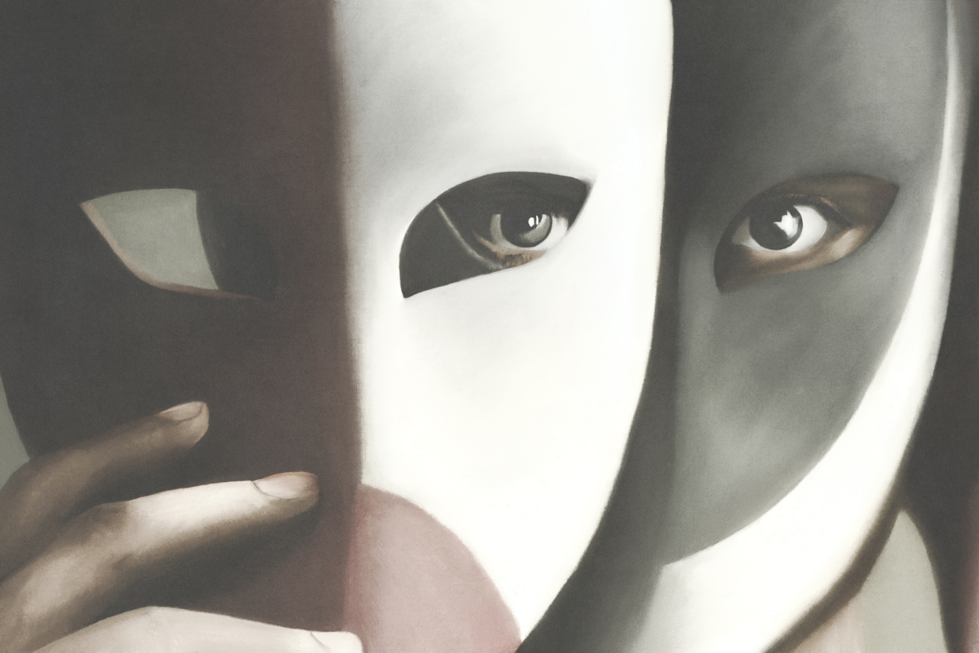 A close-up of a person's face partially concealed by two masks. The left mask is white, featuring an eye hole that reveals the person's left eye. The right mask is black and partially obscures the person's face, highlighting the right eye through its opening.
