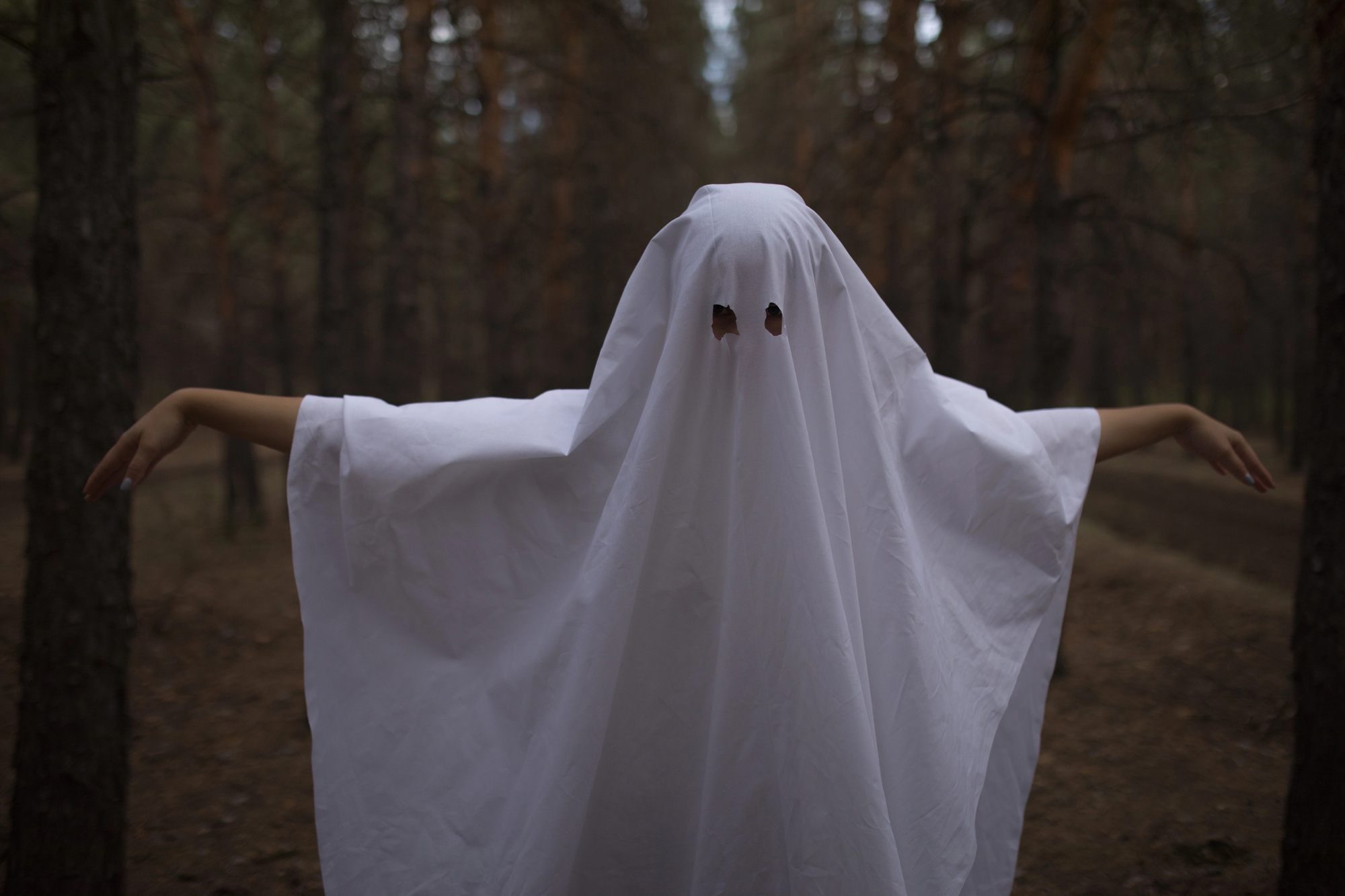 A person wearing a white sheet with eye holes cut out stands in a forest, imitating a ghost. Their arms are outstretched, and the background features tall trees with a dirt path visible among the trees. The setting is dimly lit, creating a spooky atmosphere.
