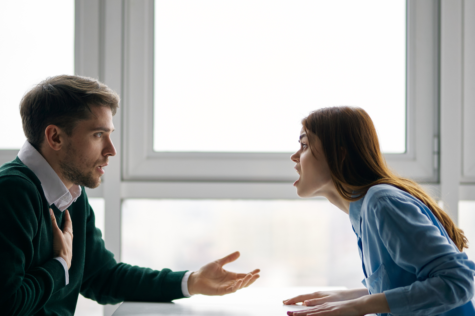 A man and a woman are having a heated argument indoors. The man, with a distressed expression, gestures with one hand on his chest. The woman, appearing angry, is speaking emphatically with her mouth open, her hands gesturing animatedly. They are seated near a large window.