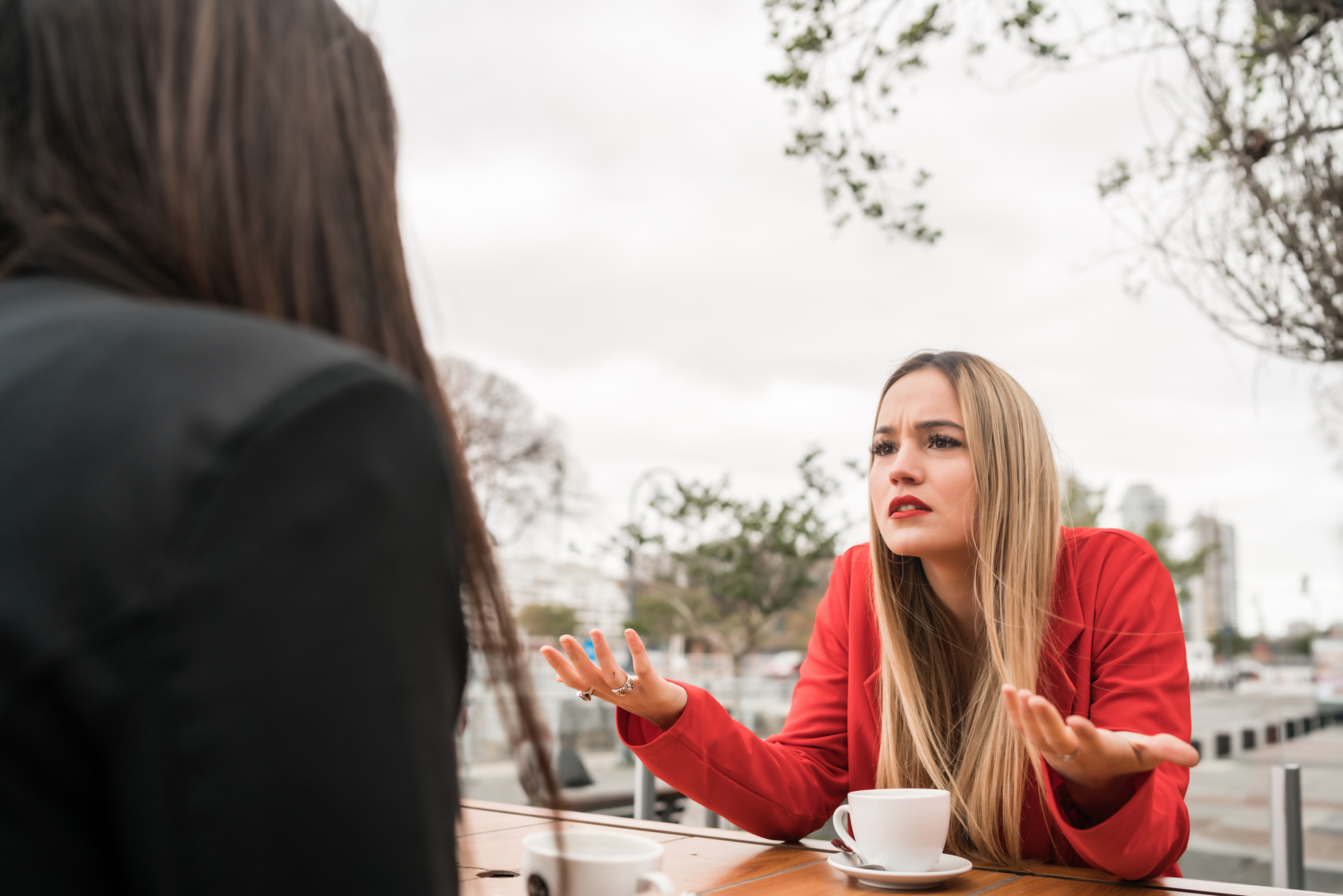 Two women sit at an outdoor café, engaged in a conversation. The woman in a red jacket gestures emotionally with her hands, appearing frustrated or upset. Two white cups are on the table in front of them, and the background shows an overcast sky and trees.
