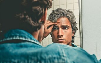 A young man with wavy, graying hair examines himself seriously in a bathroom mirror, touching his eyebrow. He wears a blue denim jacket and stands in front of a tiled wall.