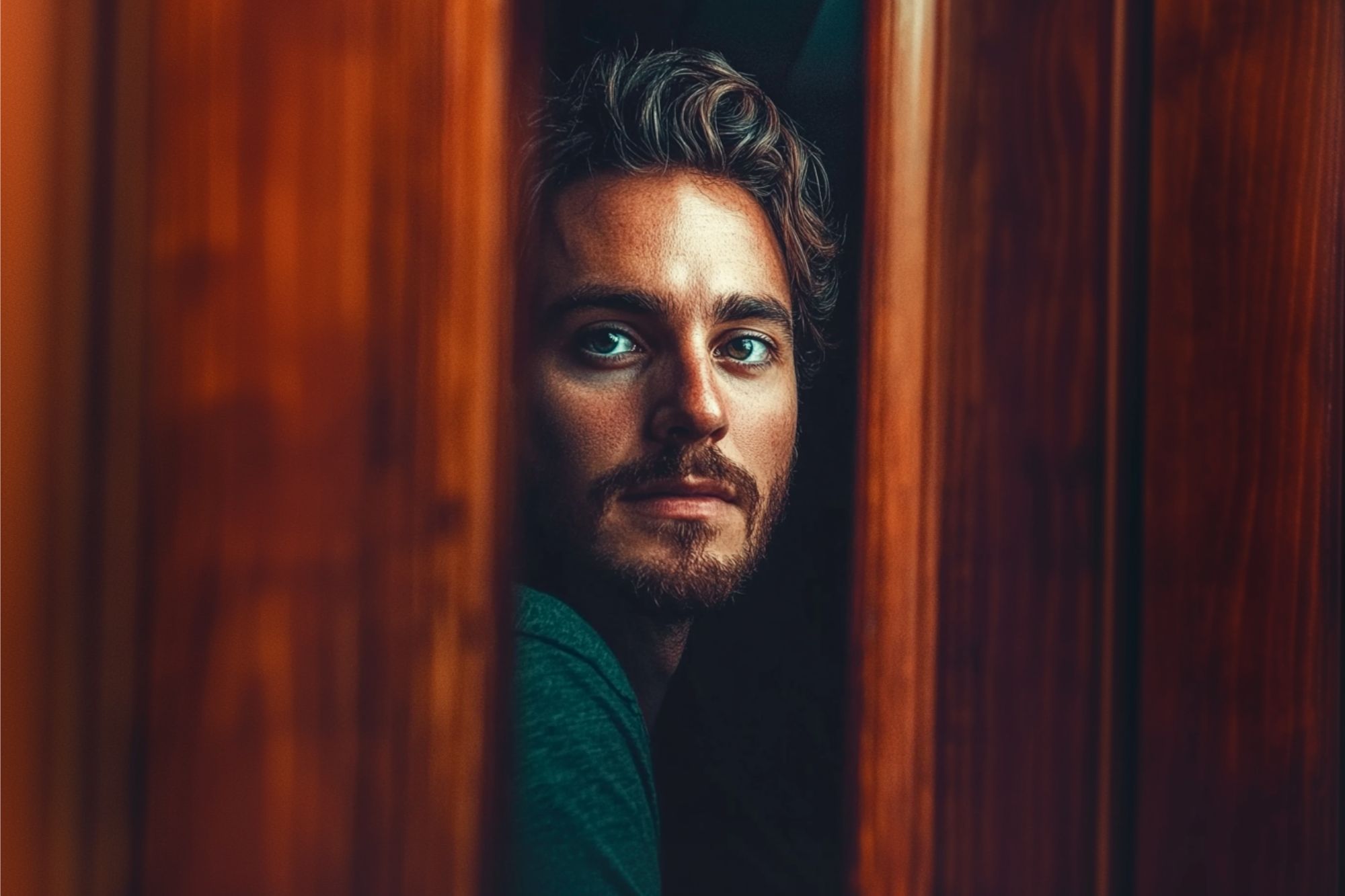 A man with wavy hair and a beard looks through a narrow gap between wooden panels, his face softly lit and eyes focused, creating a contemplative and slightly mysterious mood.