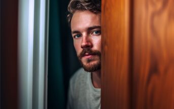 A man with light brown hair and a beard looks out from between two wooden doors, appearing thoughtful. Soft light highlights his face, and he is wearing a light gray shirt.