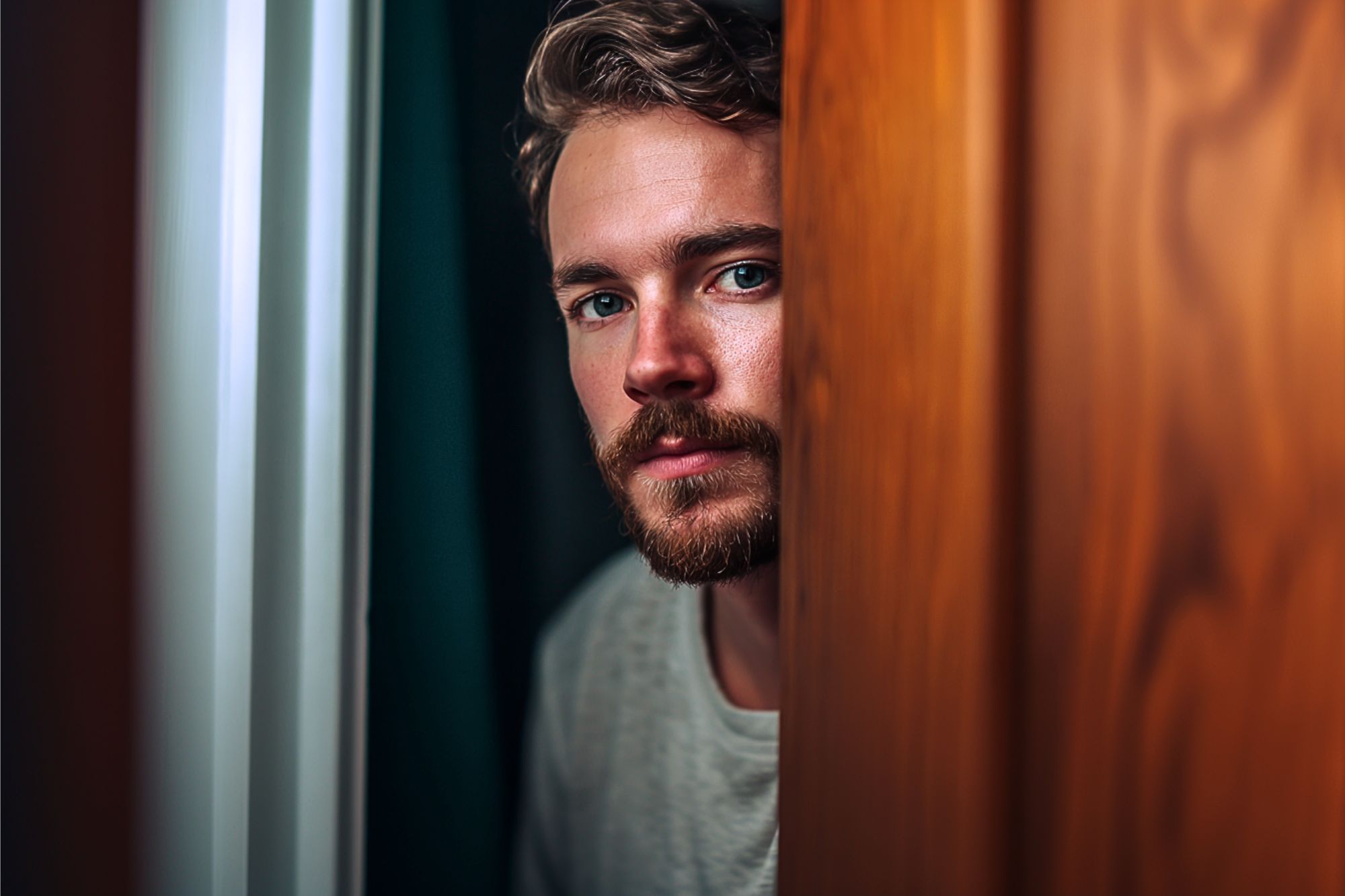 A man with light brown hair and a beard looks out from between two wooden doors, appearing thoughtful. Soft light highlights his face, and he is wearing a light gray shirt.