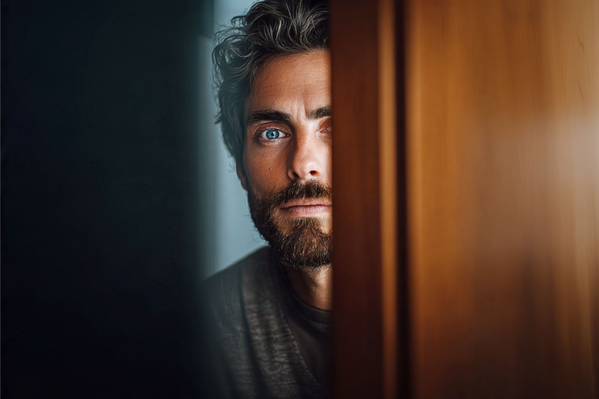 A man with blue eyes and a beard looks through a narrow gap between a wooden door and a wall, with only part of his face visible in soft light.