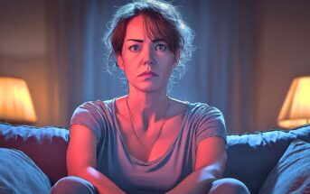 A woman with short hair sits on a couch, looking serious and focused. Warm lamp light and cool blue tones illuminate the room, highlighting her concerned expression.