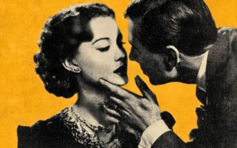 A vintage-style illustration of a woman being held by the chin as a man leans in to kiss her, set against a bold yellow background. The woman looks away, showing a reserved expression.