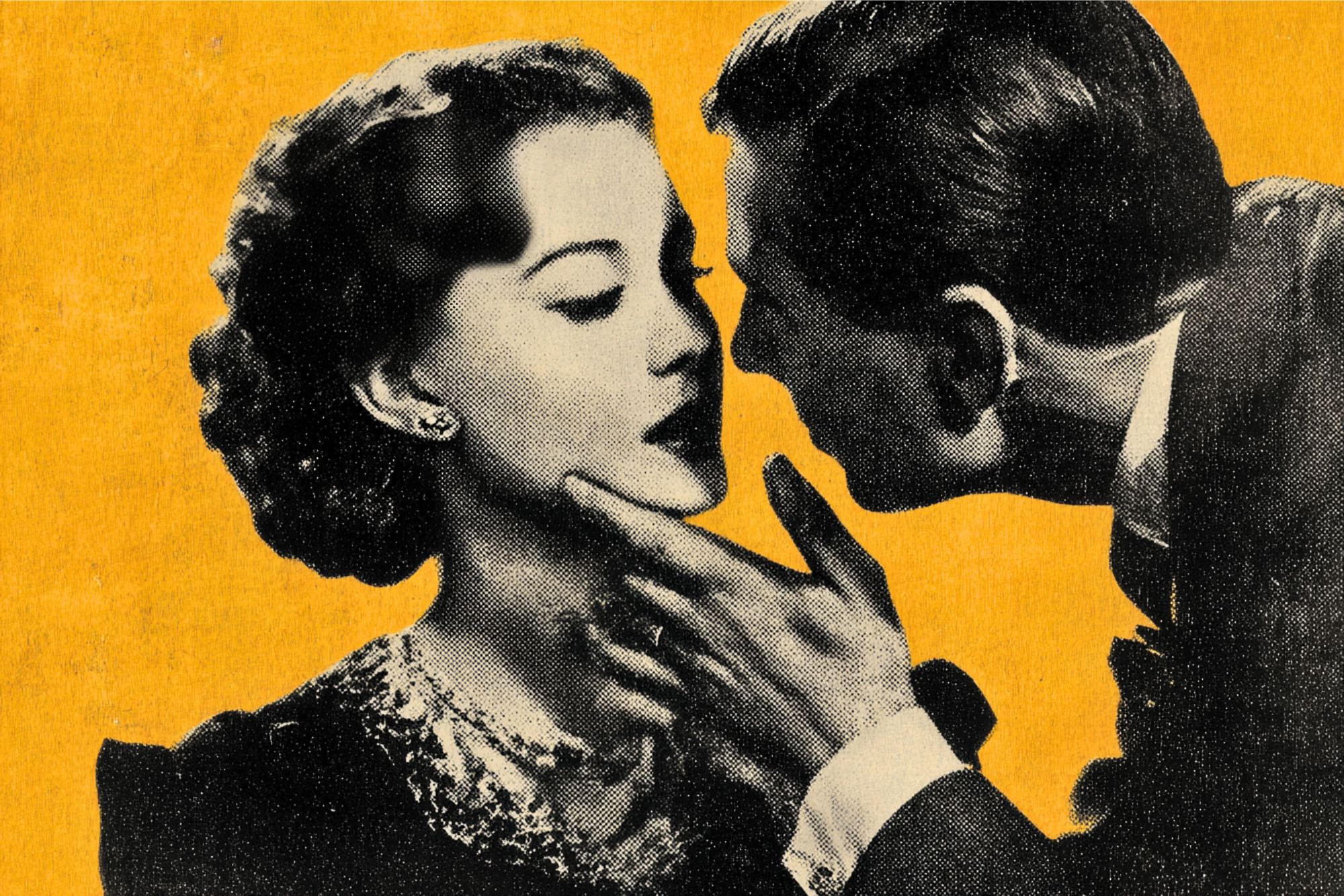 A vintage-style illustration of a woman being held by the chin as a man leans in to kiss her, set against a bold yellow background. The woman looks away, showing a reserved expression.