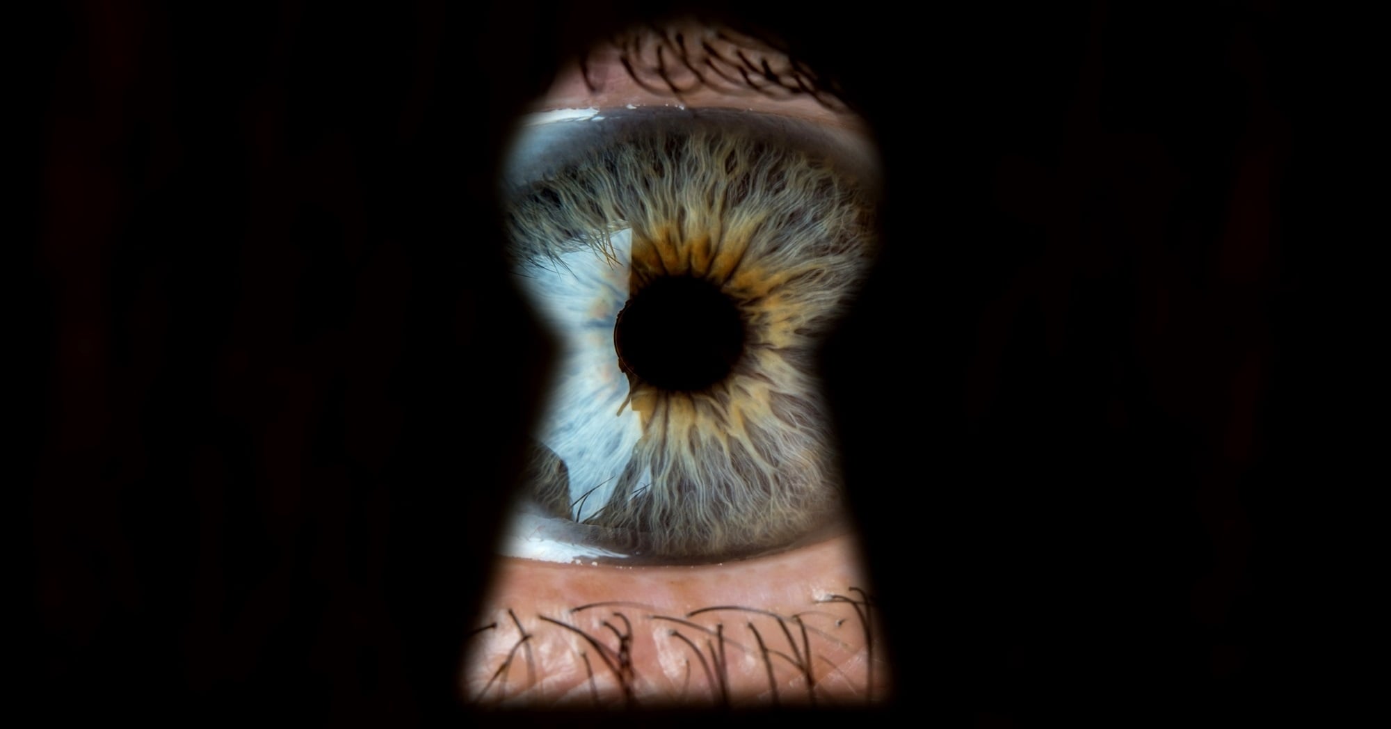 Close-up of a human eye with a greenish-brown iris, seen through the keyhole of a door. The surrounding area appears dark, focusing attention on the detailed texture and color variations in the eye.