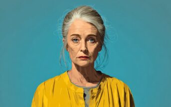 A digital illustration of an older woman with gray hair pulled back, wearing a yellow top, standing against a plain blue background. She has a serious expression and looks directly at the viewer.