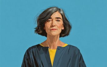 A woman with short gray hair and a somber expression wears a dark blue top over a yellow shirt, standing against a plain blue background.