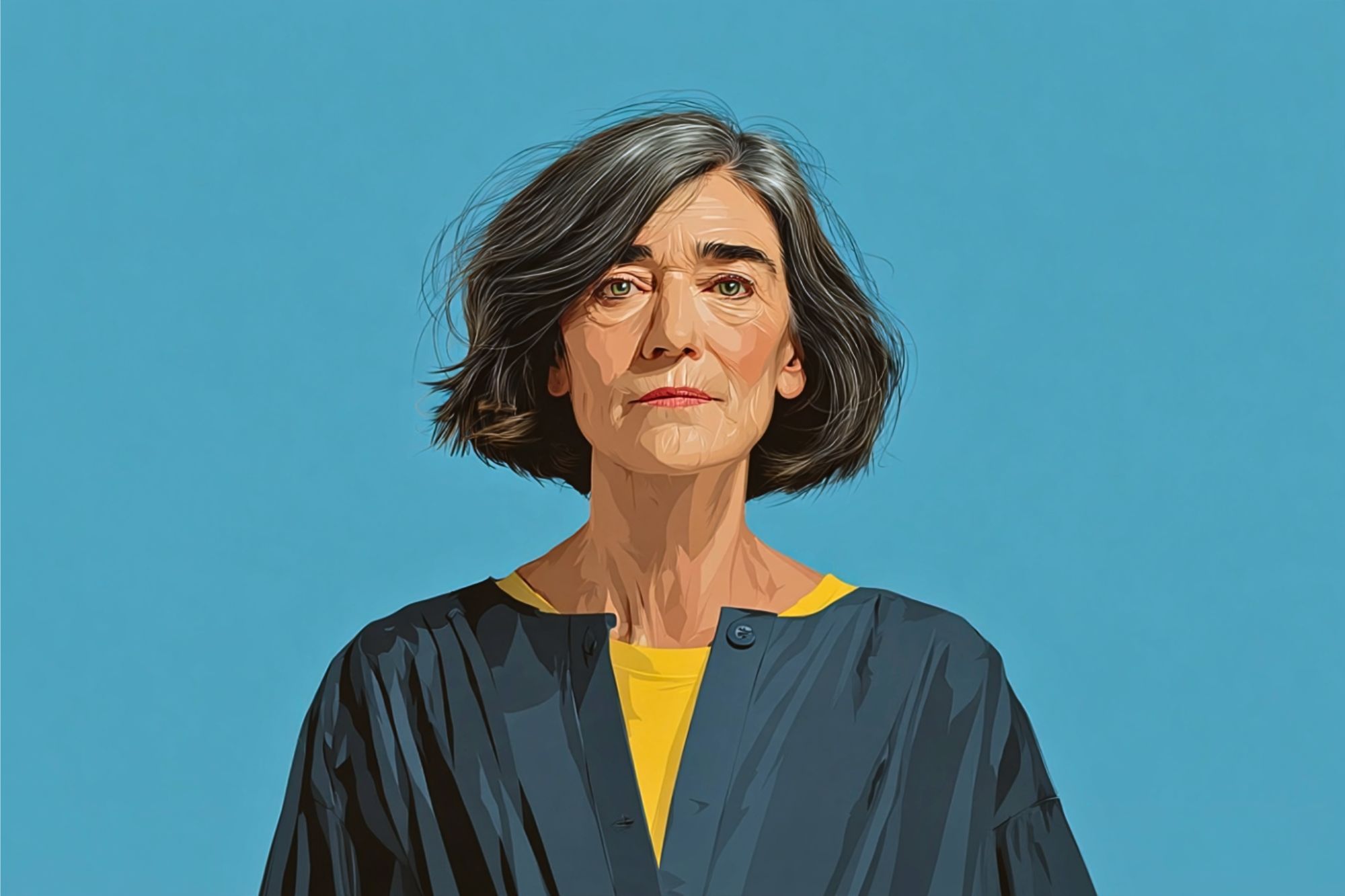 A woman with short gray hair and a somber expression wears a dark blue top over a yellow shirt, standing against a plain blue background.