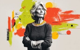 An older woman with gray hair stands with arms crossed, wearing a dark sweater and looking thoughtfully to the side. Behind her is an abstract background with bold orange, yellow, and green brushstrokes and geometric shapes.