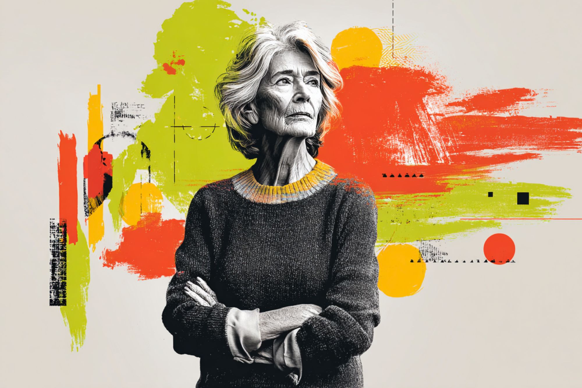 An older woman with gray hair stands with arms crossed, wearing a dark sweater and looking thoughtfully to the side. Behind her is an abstract background with bold orange, yellow, and green brushstrokes and geometric shapes.