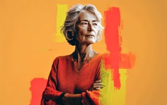 An older woman with gray hair and a thoughtful expression stands with arms crossed, wearing an orange sweater, against an orange background with abstract red and yellow brushstrokes.