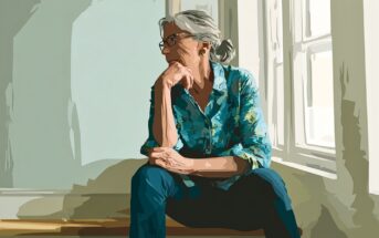 An older woman with gray hair and glasses sits on a windowsill, looking thoughtfully out the window. She wears a blue floral shirt and jeans, and rests her chin on her hand. Sunlight streams through the window beside her.