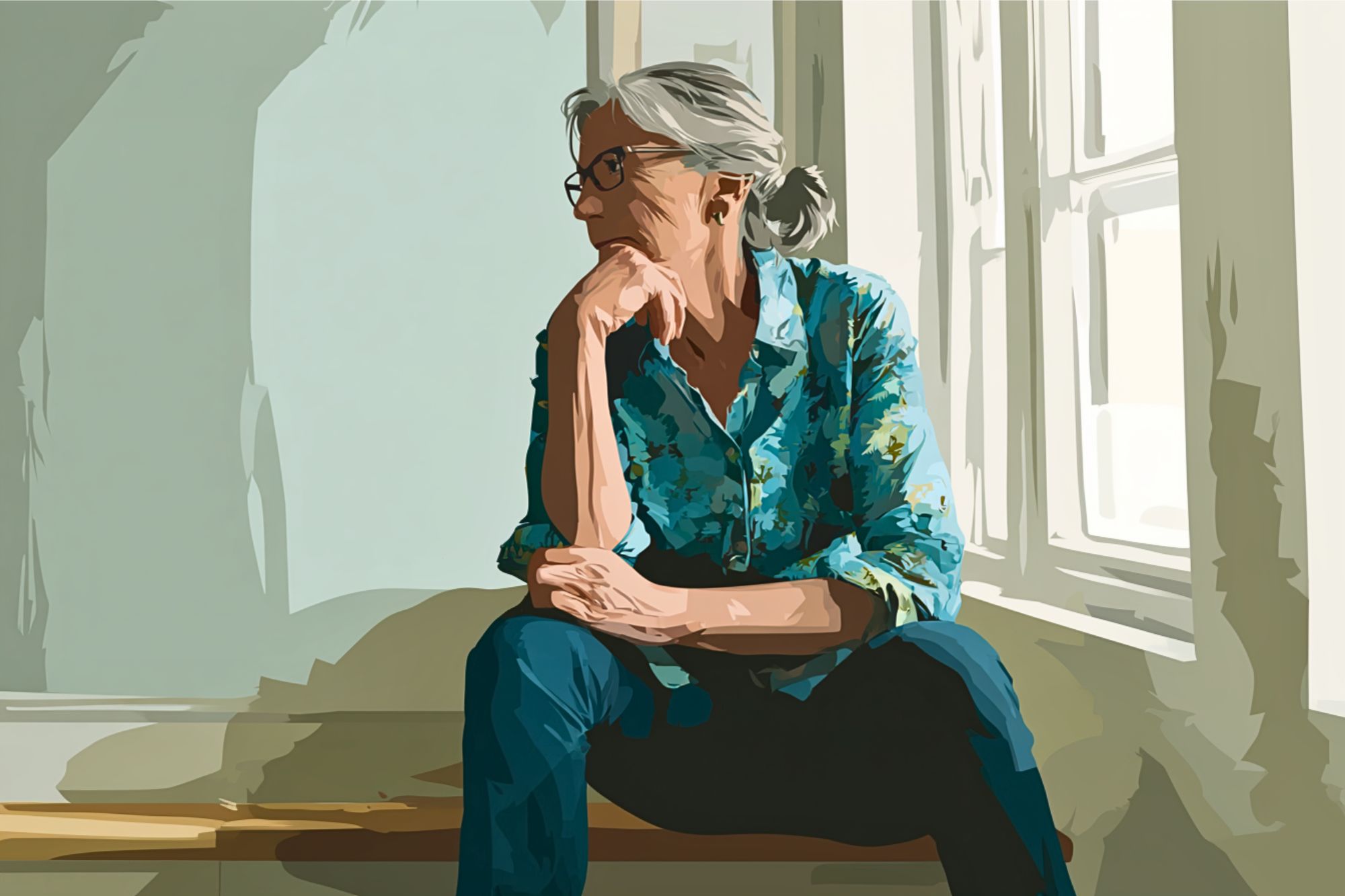 An older woman with gray hair and glasses sits on a windowsill, looking thoughtfully out the window. She wears a blue floral shirt and jeans, and rests her chin on her hand. Sunlight streams through the window beside her.