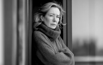 A woman with glasses and a thick turtleneck sweater stands by a doorway with arms crossed, looking serious. The image is in black and white.