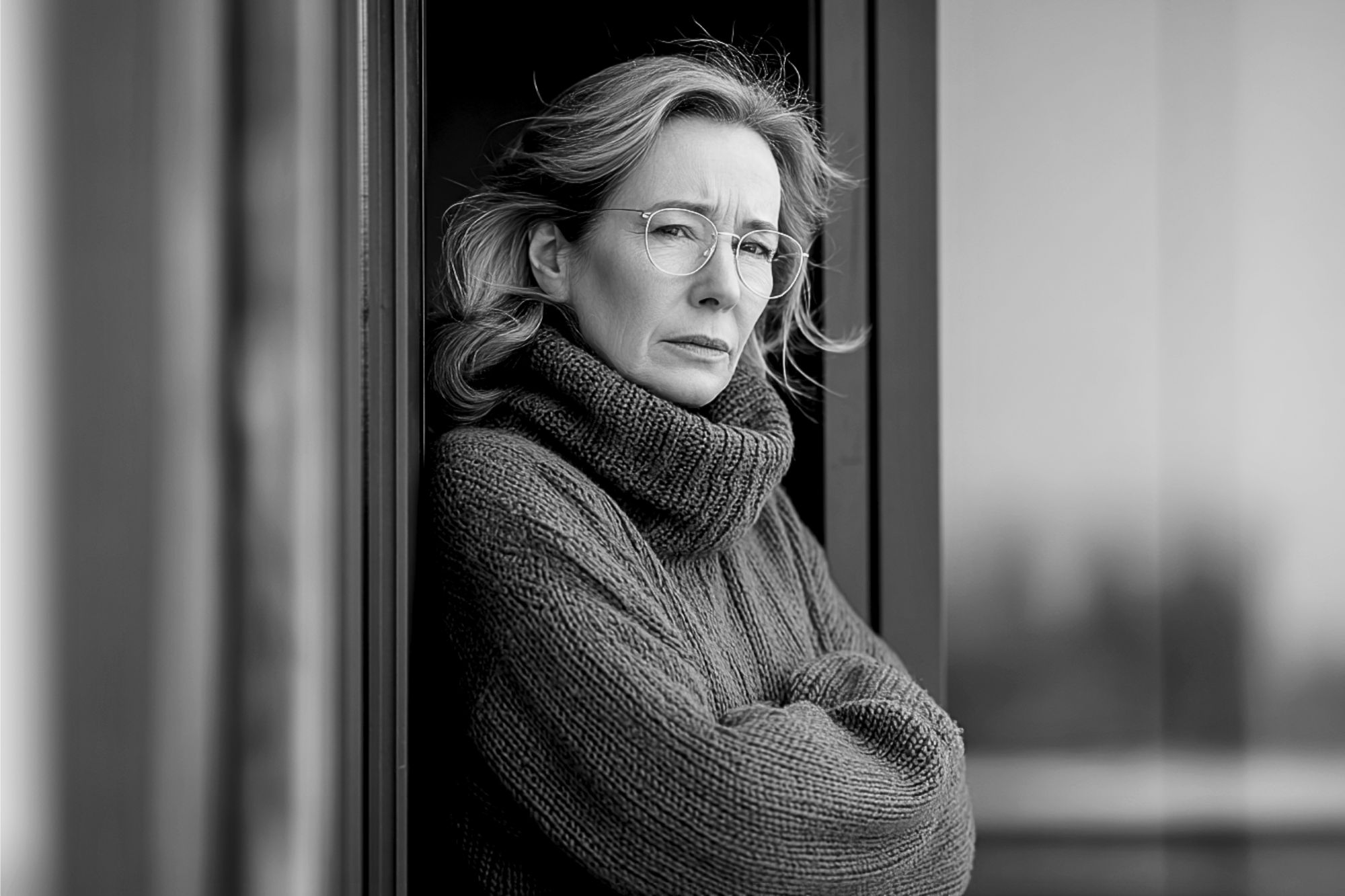 A woman with glasses and a thick turtleneck sweater stands by a doorway with arms crossed, looking serious. The image is in black and white.