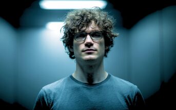 A young man with curly hair and glasses stands in a dimly lit room, illuminated by a bright overhead light, wearing a gray T-shirt and looking slightly upward with a neutral expression.