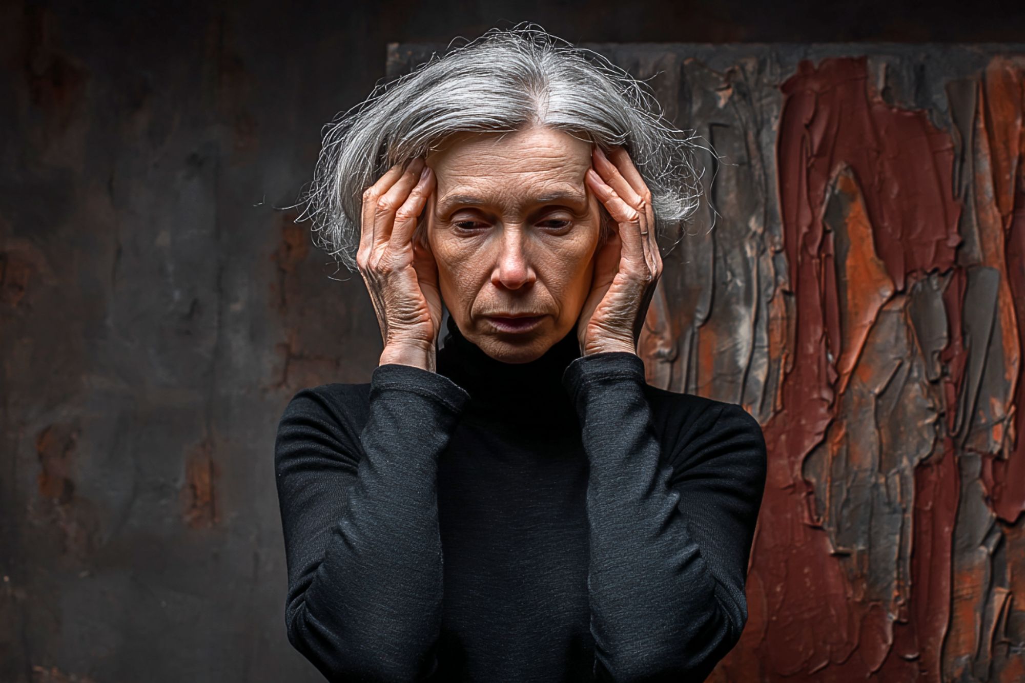 An older woman with gray hair and a black turtleneck holds her head with both hands, eyes closed, appearing stressed or deep in thought, standing in front of a textured, abstract background.