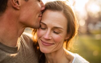 A man gently kisses a smiling woman on the forehead outdoors. The woman has her eyes closed and looks content. The sunlight creates a warm, golden glow in the background.