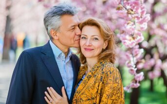 A man kisses a smiling woman on the cheek while standing outdoors among blooming pink cherry blossoms. The woman wears a patterned yellow jacket; the man wears a suit jacket and shirt.