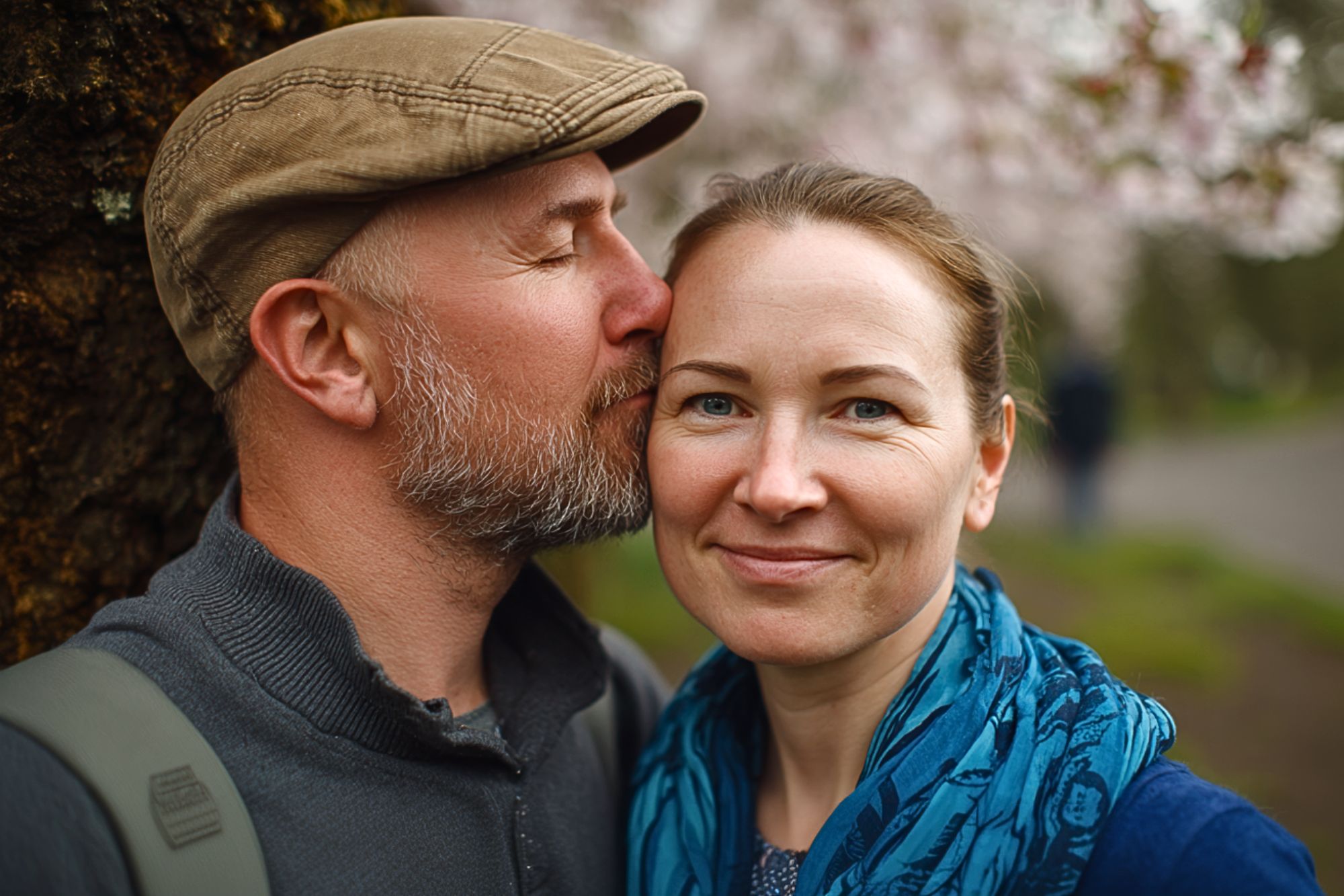 A man wearing a cap kisses a smiling woman on the cheek as they stand outdoors near a tree, with blurred greenery and blossoming trees in the background.