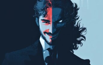 A man’s face split in half, one side shows a smiling, well-groomed man in a suit; the other side shows a sinister, monstrous version with wild hair, glowing eye, and a menacing grin, symbolizing dual personalities.
