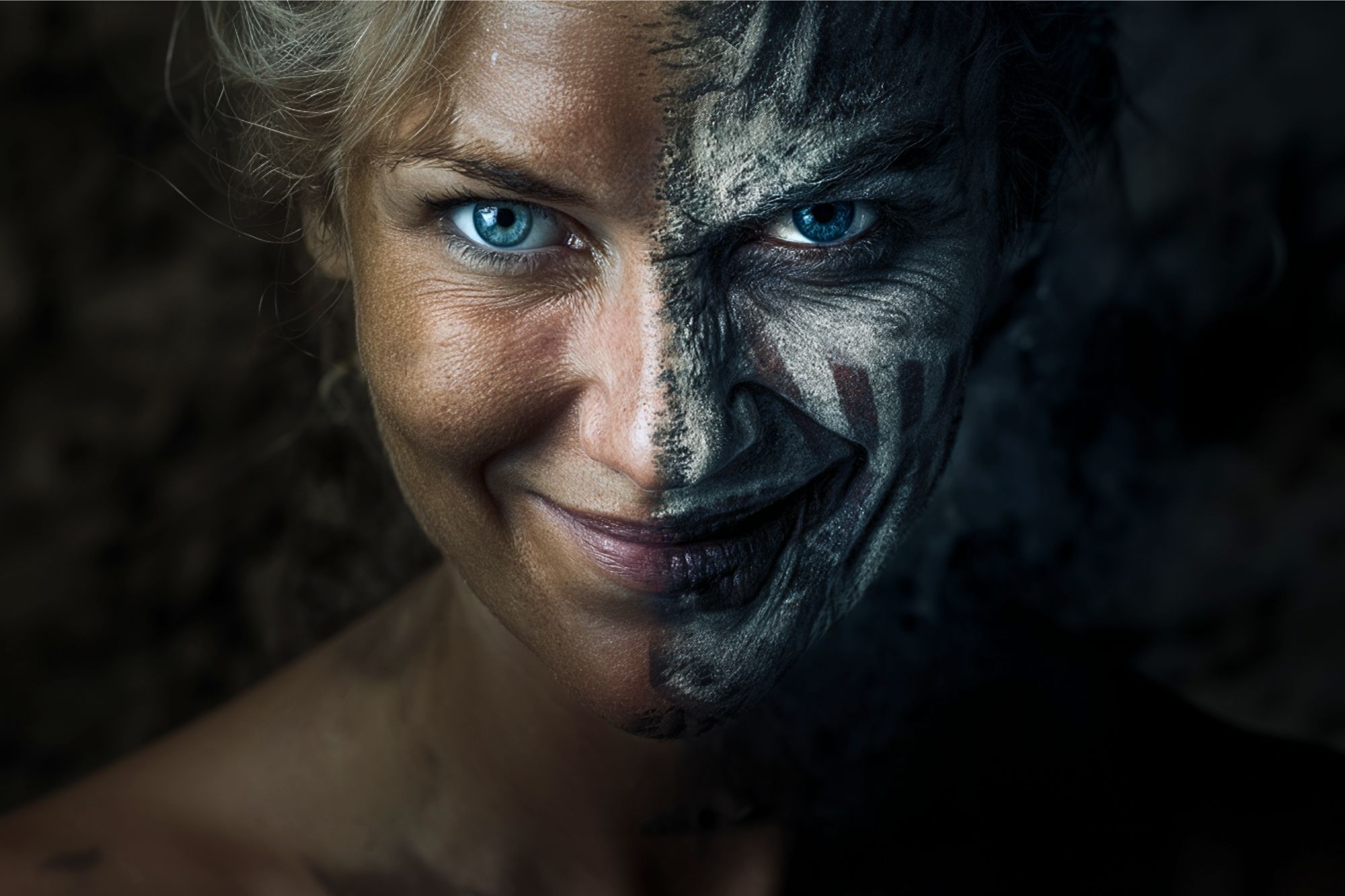 A close-up of a woman with bright blue eyes, half of her face natural and smiling, the other half painted with dark tribal-style markings, creating a dramatic contrast between light and dark sides.