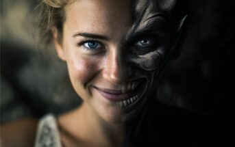 A close-up of a woman's face, with one half bright and smiling, and the other half dark and transformed into a sinister, demonic figure with sharp teeth and distorted features.