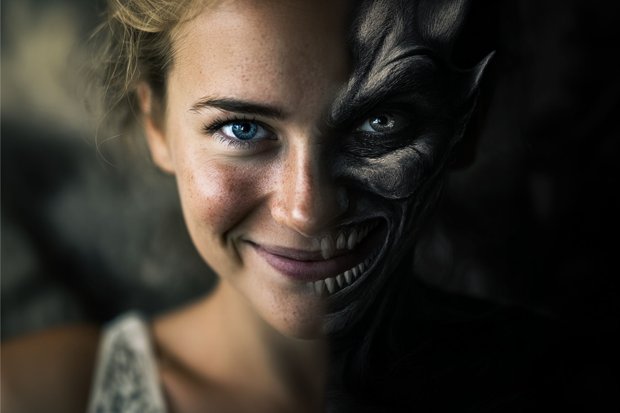 A close-up of a woman's face, with one half bright and smiling, and the other half dark and transformed into a sinister, demonic figure with sharp teeth and distorted features.