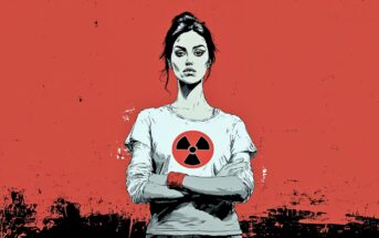 Illustration of a confident woman standing with arms crossed, wearing a white shirt with a large black radiation symbol on it, against a red, grunge-style background.