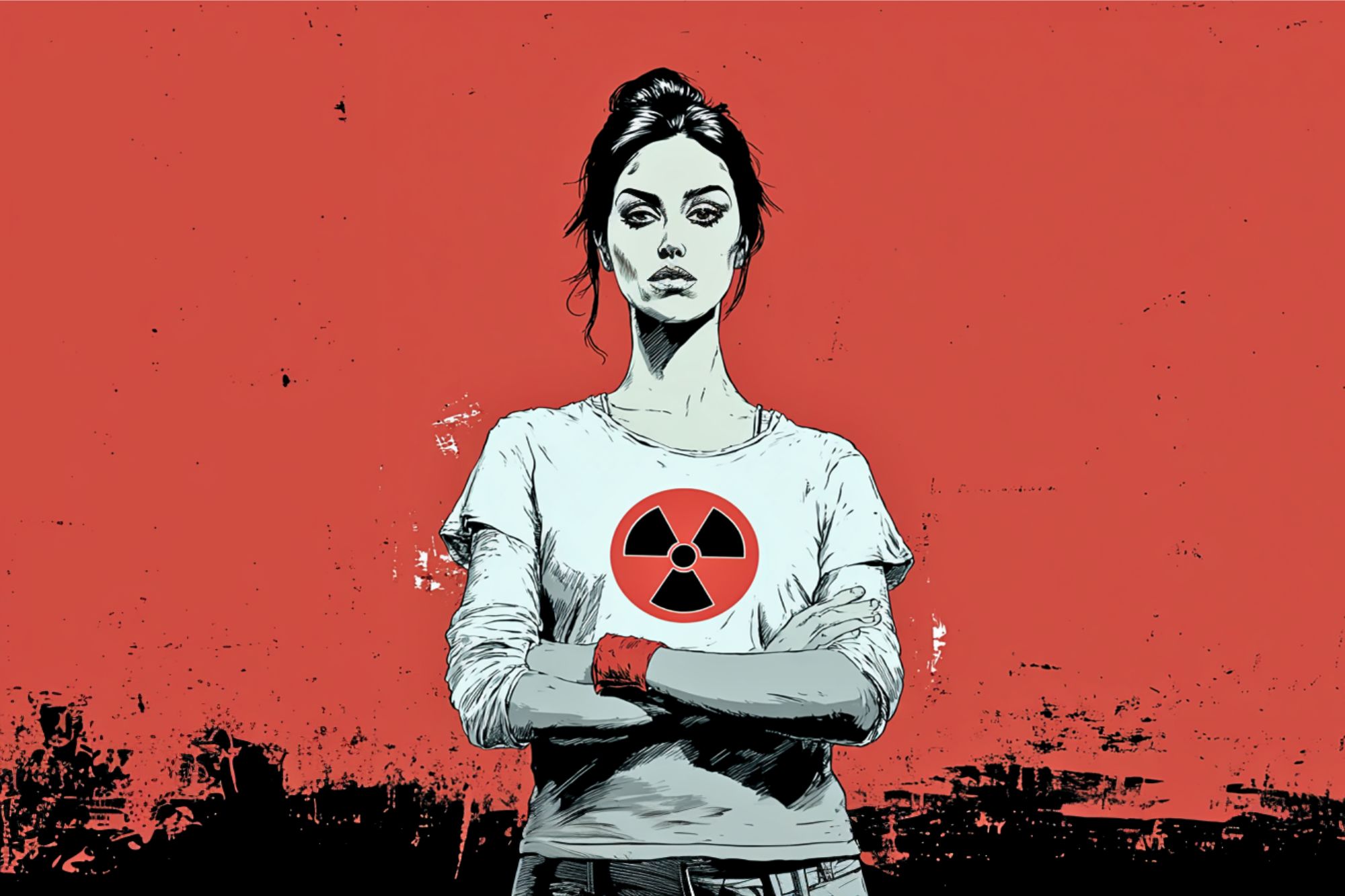 Illustration of a confident woman standing with arms crossed, wearing a white shirt with a large black radiation symbol on it, against a red, grunge-style background.