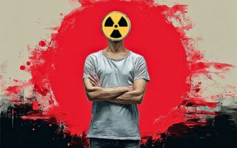 A person with arms crossed stands against a background featuring a large red paint splash. Their head is replaced by a yellow and black radioactive hazard symbol.