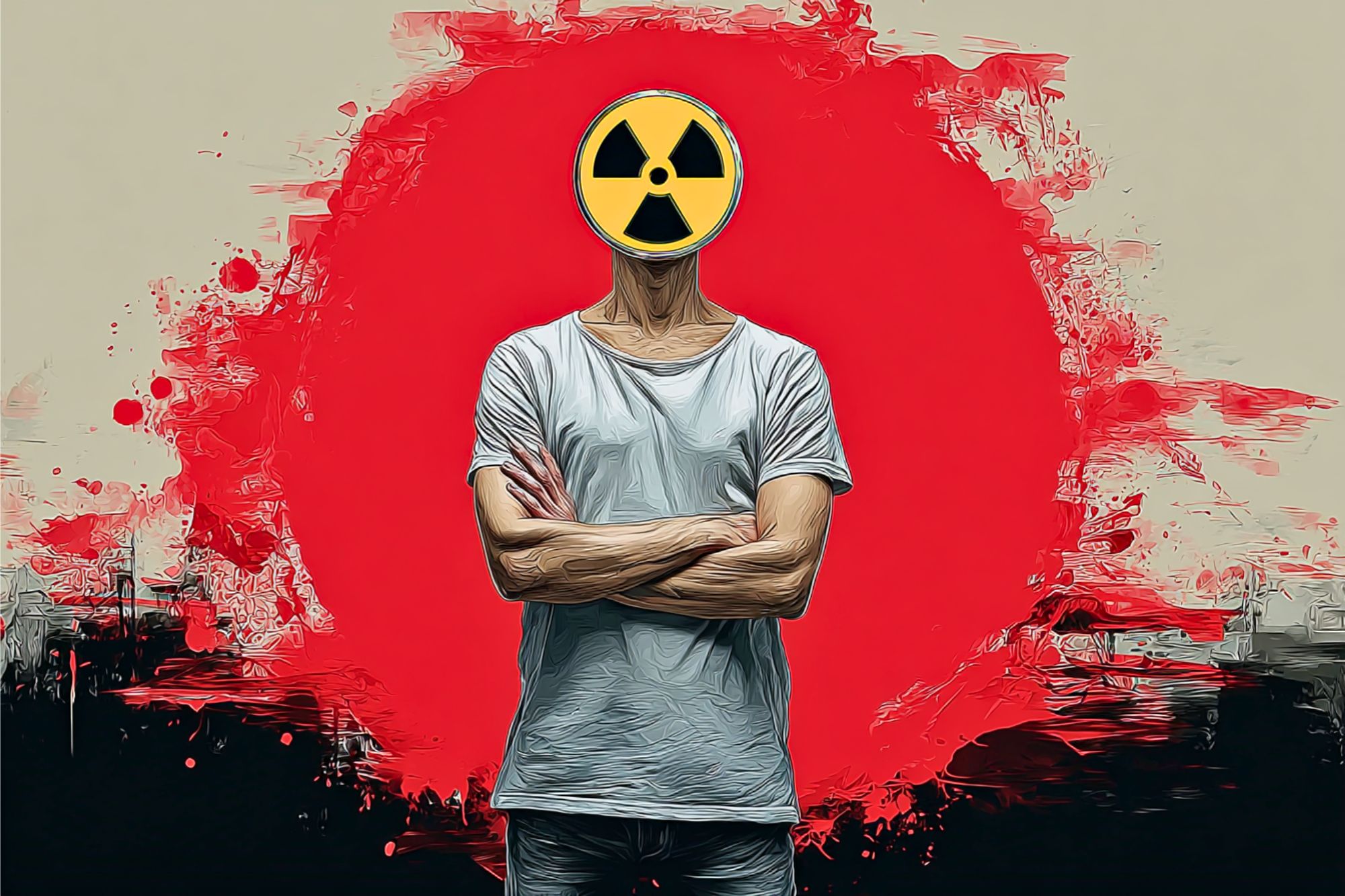 A person with arms crossed stands against a background featuring a large red paint splash. Their head is replaced by a yellow and black radioactive hazard symbol.