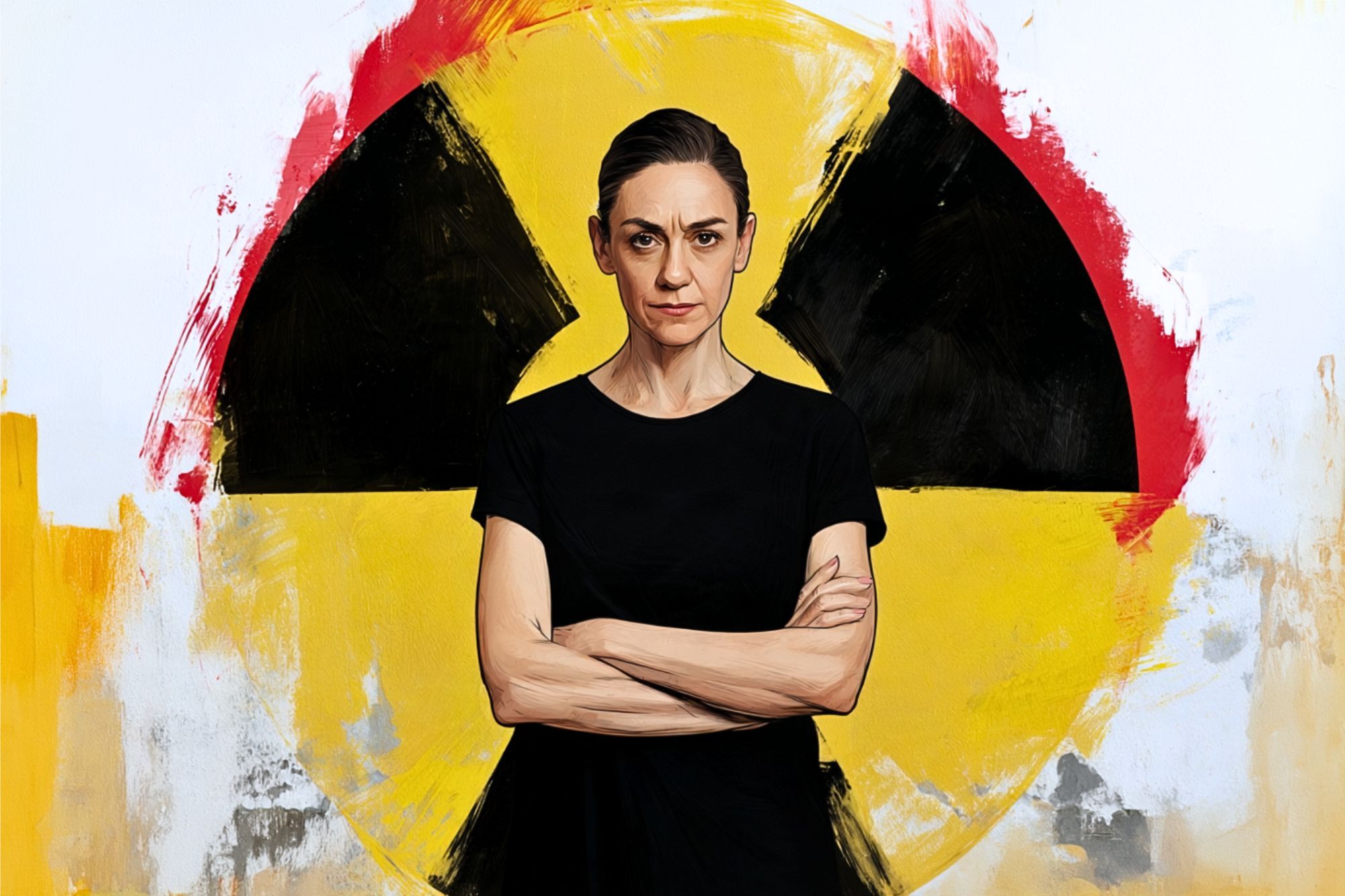 A woman in a black shirt stands with arms crossed in front of a large painted yellow and black radiation symbol on a white background.