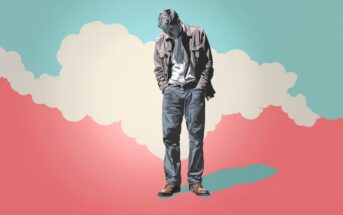 A stylized illustration of a man standing with his head down and hands in his pockets, against a background of large white clouds and blue and pink skies.