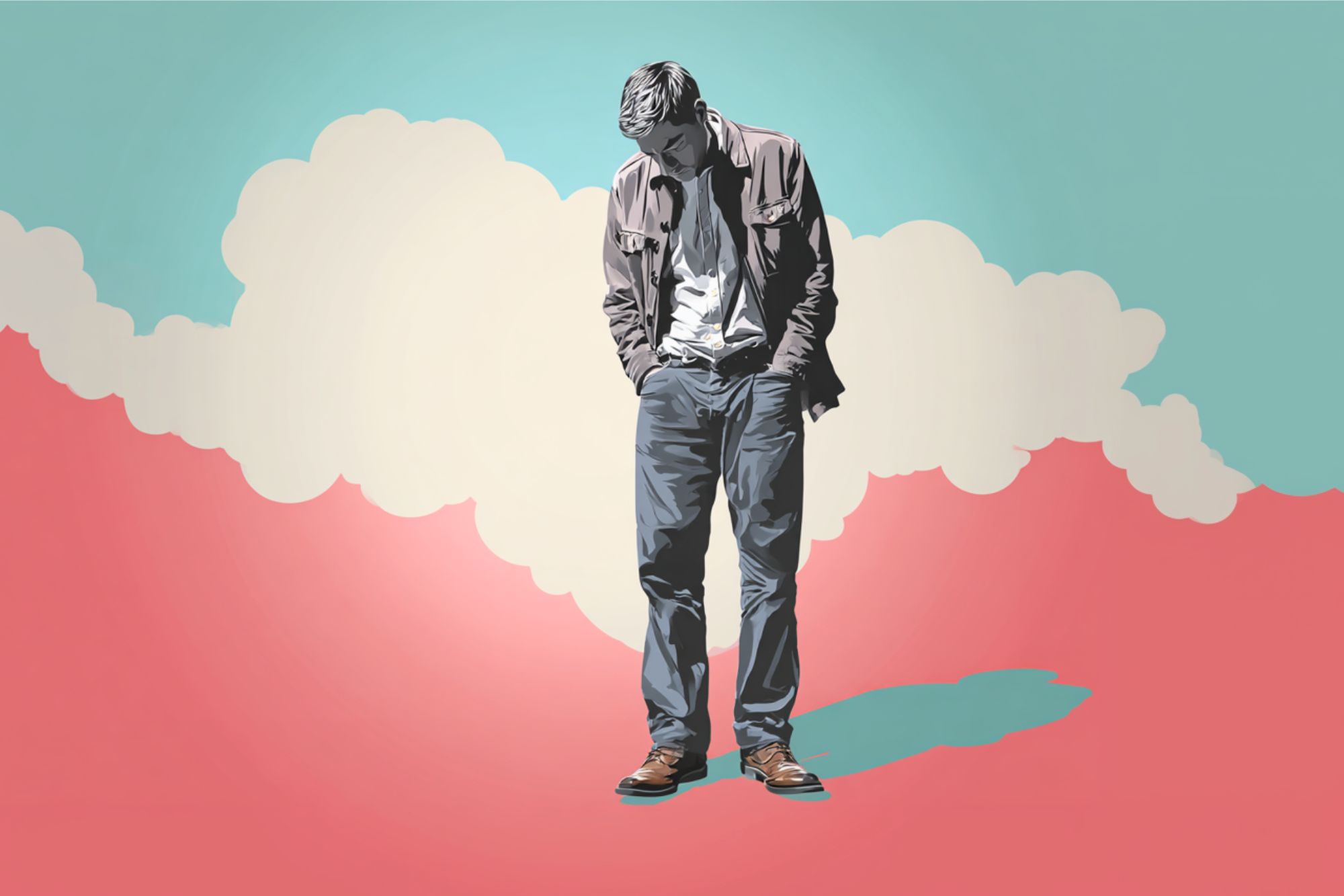 A stylized illustration of a man standing with his head down and hands in his pockets, against a background of large white clouds and blue and pink skies.
