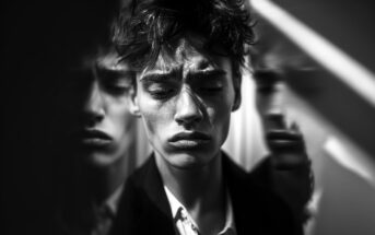 A young person with tousled hair and a serious expression is shown in black and white. Their face is reflected and blurred on both sides, creating a dramatic, emotional effect. Light and shadow add to the moody atmosphere.