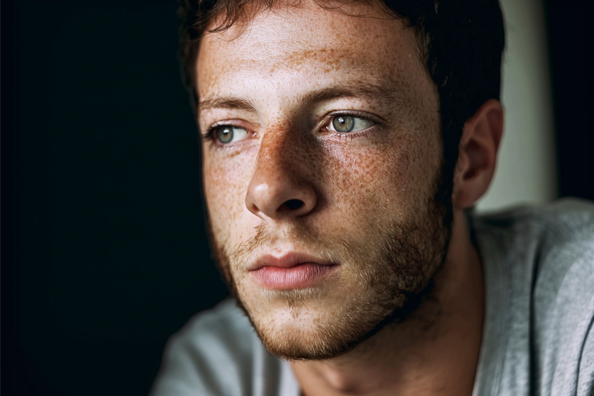 Young man with short brown hair, green eyes, and freckles gazes thoughtfully into the distance. He has light facial hair and wears a gray shirt against a dark background.