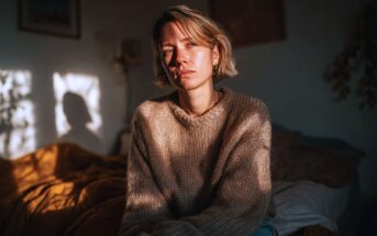 A woman with short blonde hair wearing a beige sweater sits on a bed in a softly lit room, with sunlight casting shadows on the wall and her face. She appears thoughtful and slightly serious.