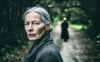 An older woman with gray hair and a serious expression stands on a wooded path; in the background, a blurred figure in dark clothing walks away. The scene is moody and atmospheric.