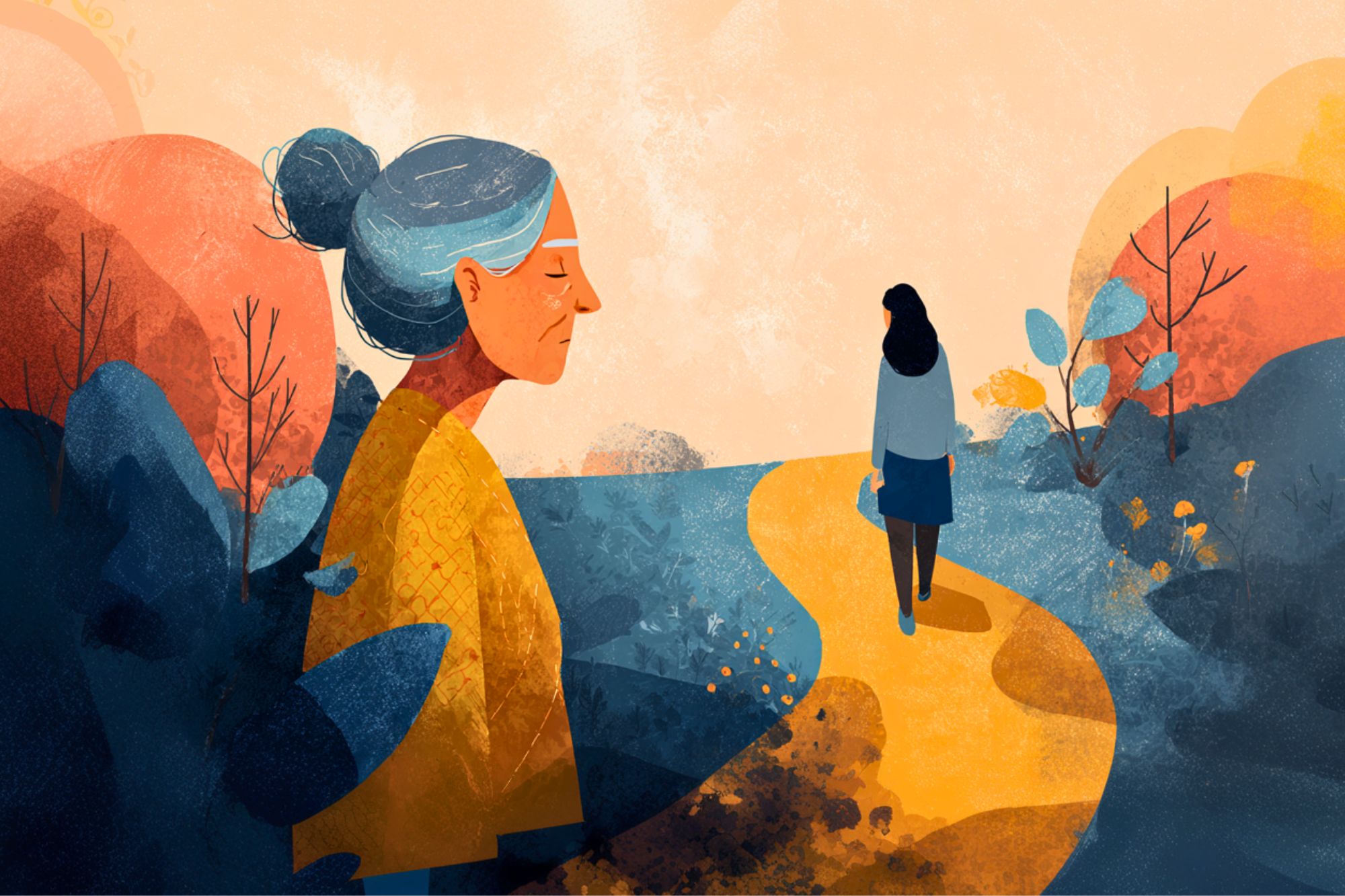 An illustration of an elderly woman with gray hair in a bun, looking sad and standing in a colorful landscape, while a younger person walks away down a winding yellow path surrounded by abstract foliage.