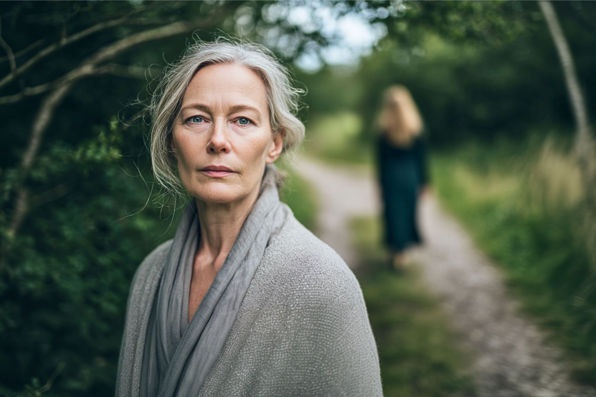 A mature woman with gray hair and a gray shawl stands on a forest path, looking at the camera; in the blurred background, another woman walks away along the path, surrounded by greenery.