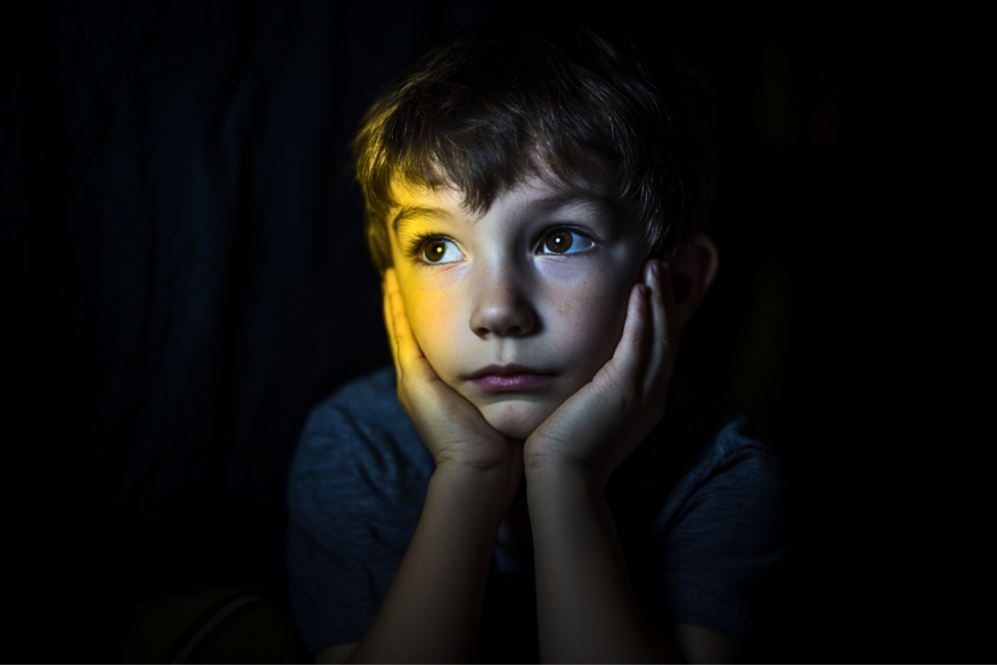 A young boy rests his face in his hands, gazing upward thoughtfully. He is illuminated by a soft, yellow light in an otherwise dark surrounding, highlighting his expressive eyes and pensive expression.