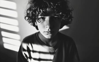 A young boy with curly hair stands in dramatic lighting, shadows from window blinds falling across his face and shirt, creating a somber, pensive mood in a black-and-white setting.